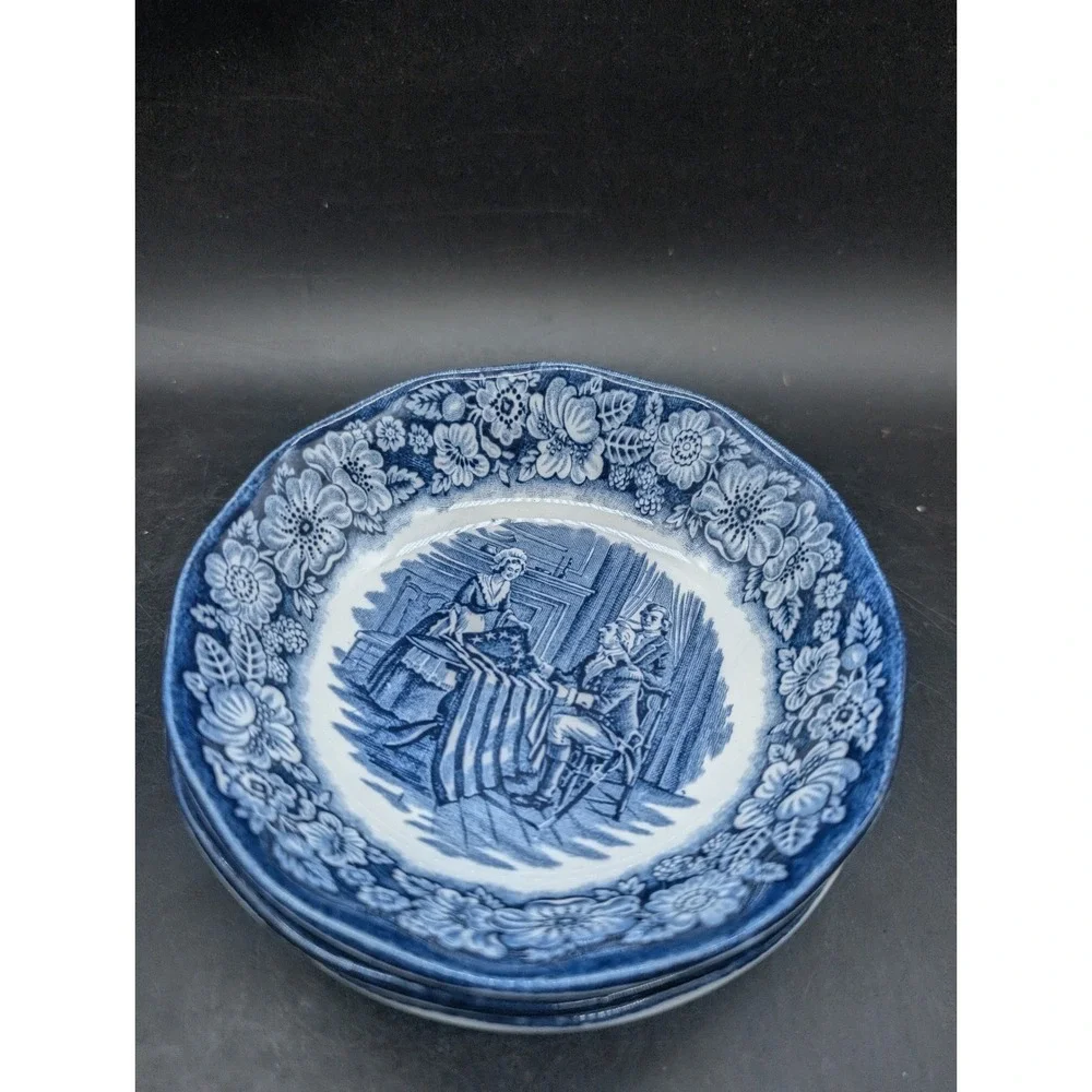 Liberty Blue Historic Colonial Scenes Betsy Ross Fruit Bowls Set of 5 England